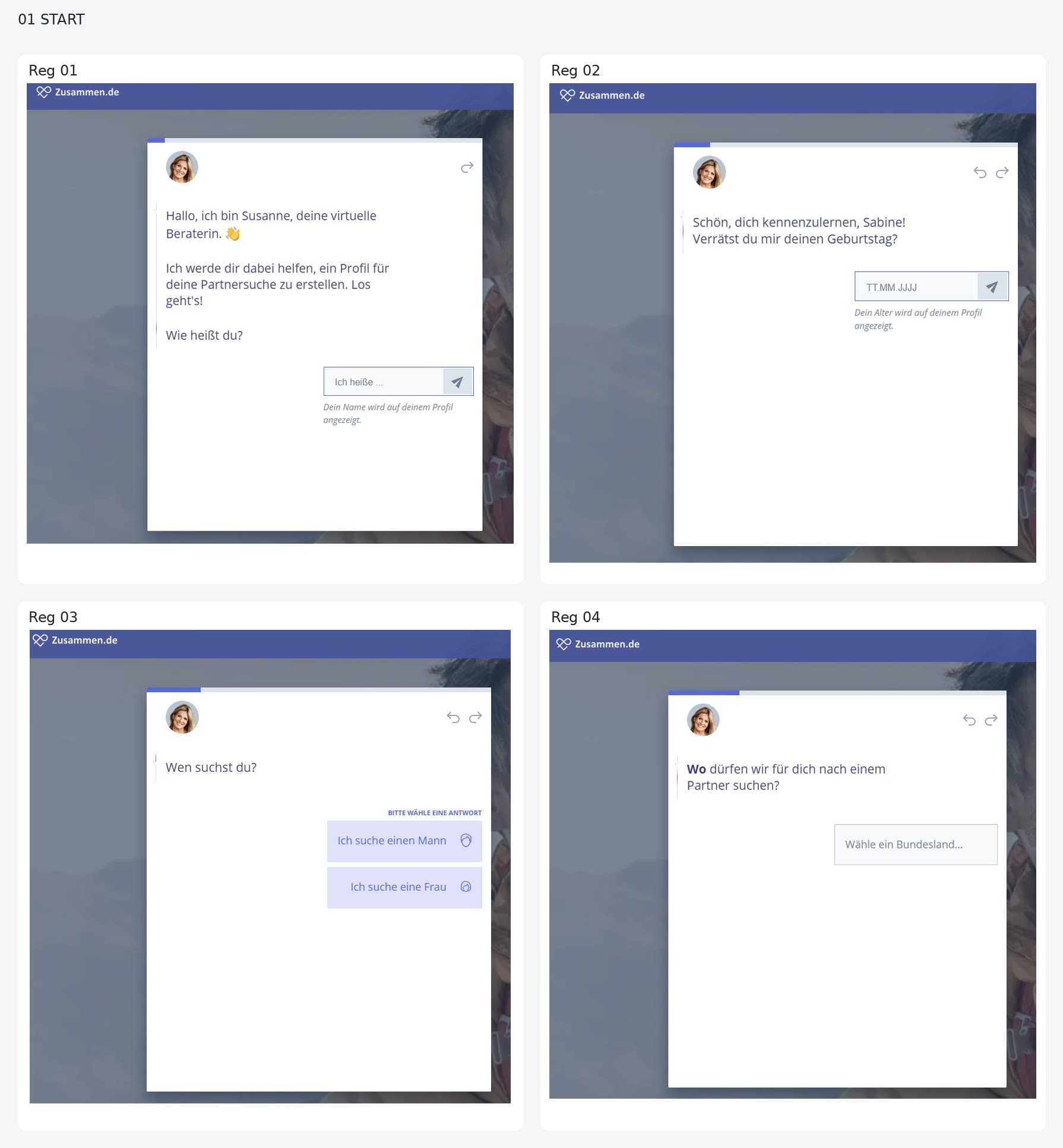 Screenshot des Zusammen.de Registrierungsdialogs mit Susanne: erste Angaben zu Name, Geburtsdatum, Partnersuche und Region.