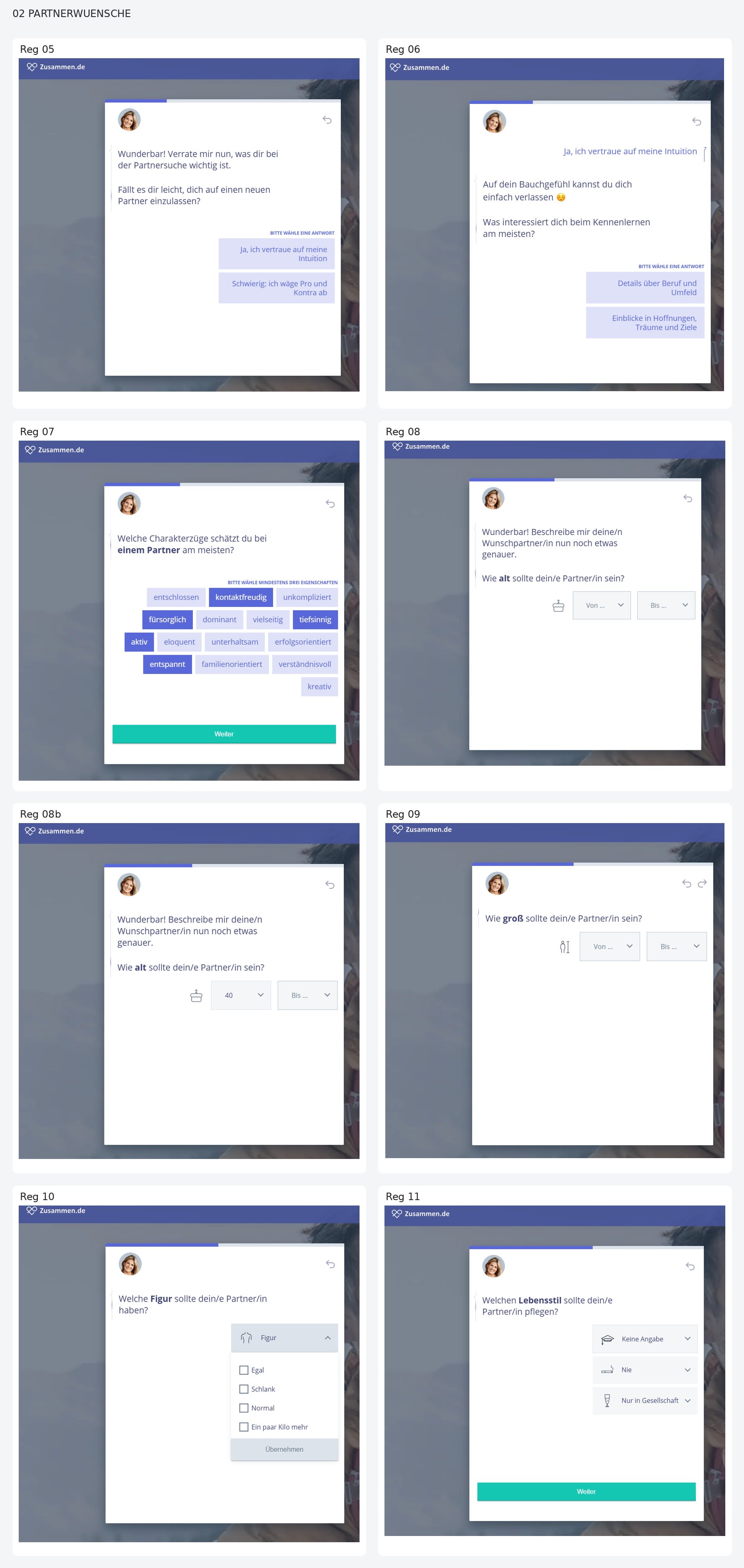 Screenshot der Zusammen.de Registrierung mit Auswahlmöglichkeiten für gewünschte Eigenschaften und Vorlieben eines Partners.