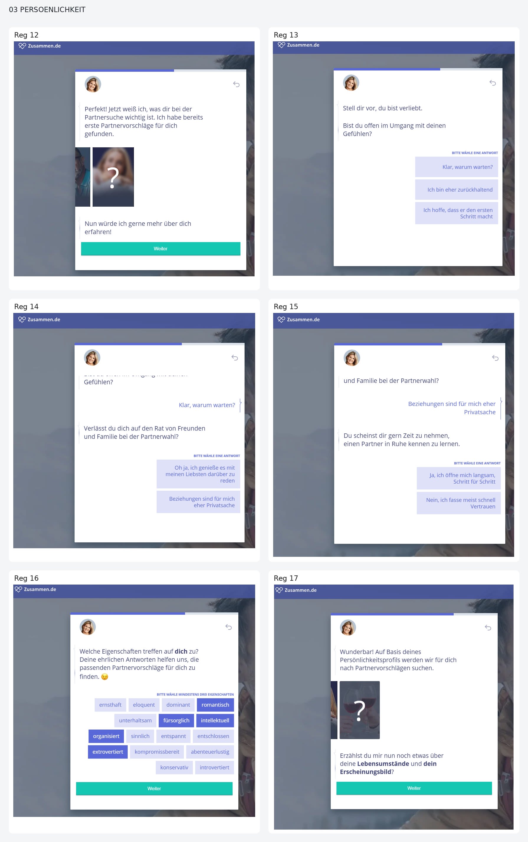 Screenshot des Persönlichkeitsteils der Zusammen.de Registrierung mit auswählbaren persönlichen Eigenschaften.
