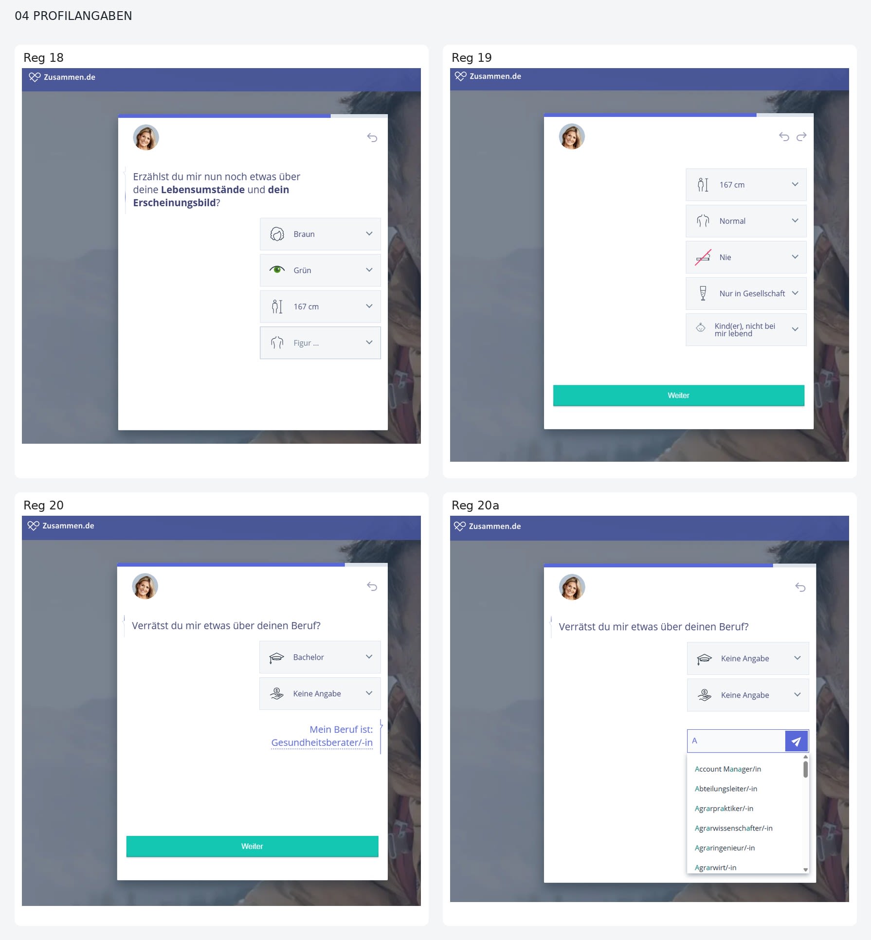 Screenshot der Zusammen.de Registrierung mit Auswahlfeldern zu Aussehen, Lebensstil und Beruf.