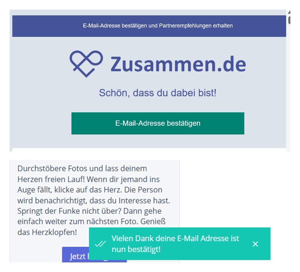 Screenshot der E-Mail-Bestätigung von Zusammen.de mit der Schaltfläche „E-Mail-Adresse bestätigen“.
