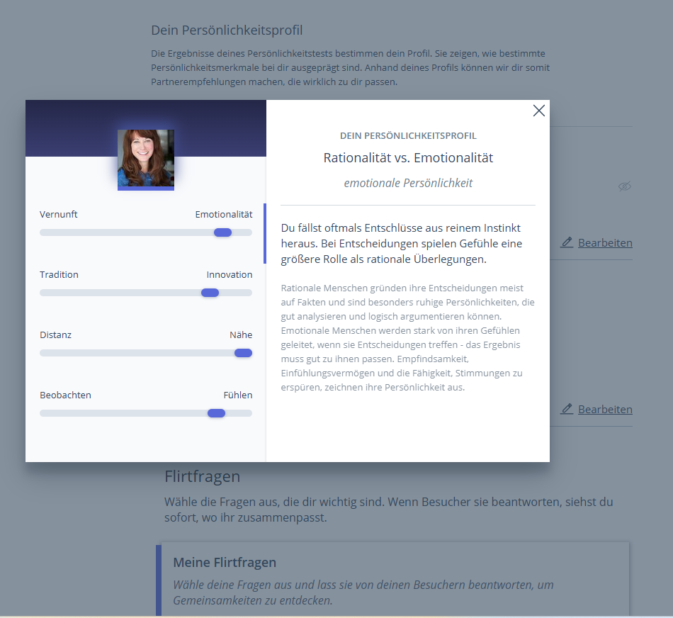 Bildschirmaufnahme zu Interessen und Persönlichkeit auf Zusammen.de.