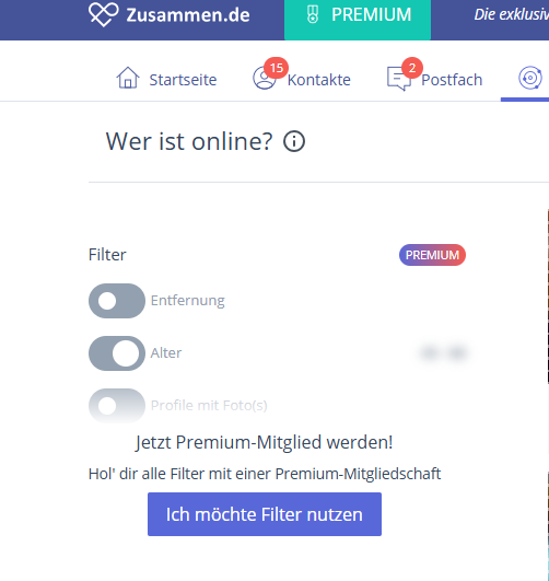 Bildschirmaufnahme der Filtermöglichkeiten auf Zusammen.de.
